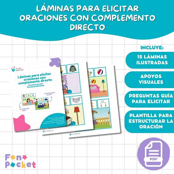 Láminas imprimibles para elicitar oraciones con complemento directo