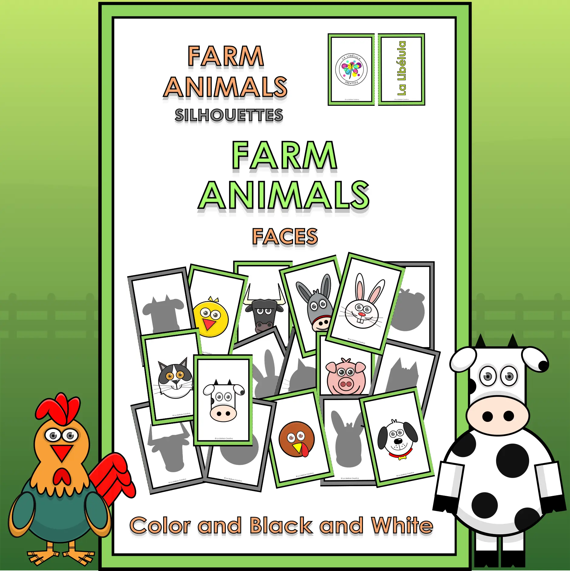 Memory Match Game Farm Animals Pairs Color BW Cut Silhouettes Faces NO PREP