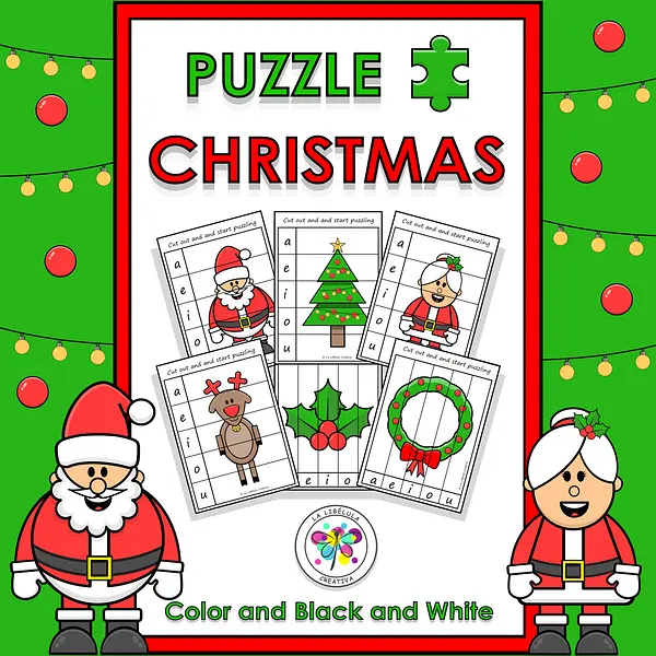 Puzzle Game Christmas Vowels Cut Color Letters Santa Claus