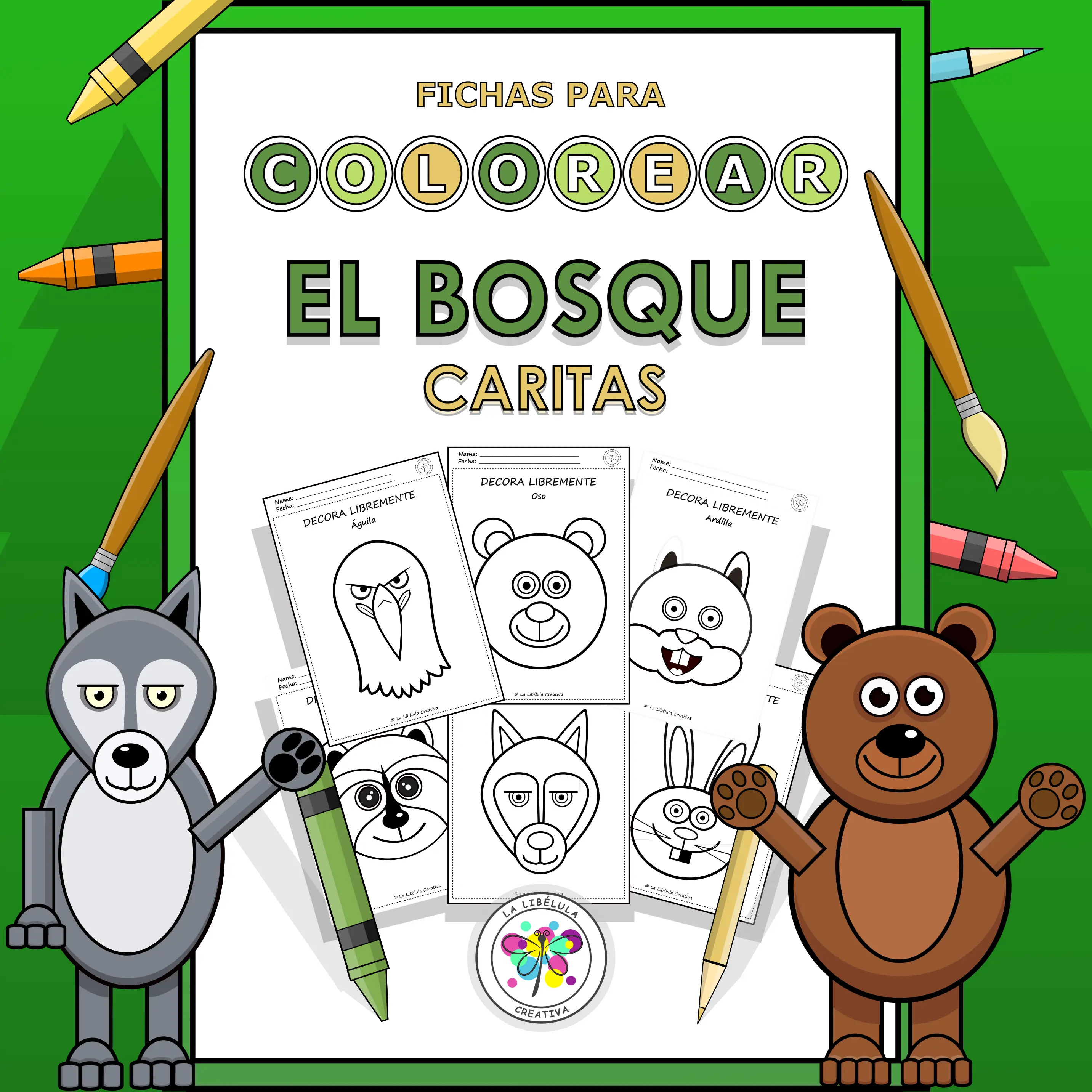 Spanish Worksheets Coloring Forest Animals Faces Colorear Bosque Caras Animales
