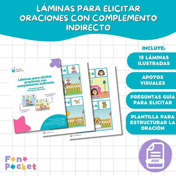 Láminas imprimibles para elicitar oraciones con complemento indirecto