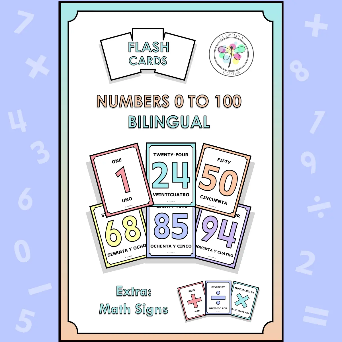 Flash Cards Numbers 1 to 100 English Spanish Signs Math Bilingual Pastel