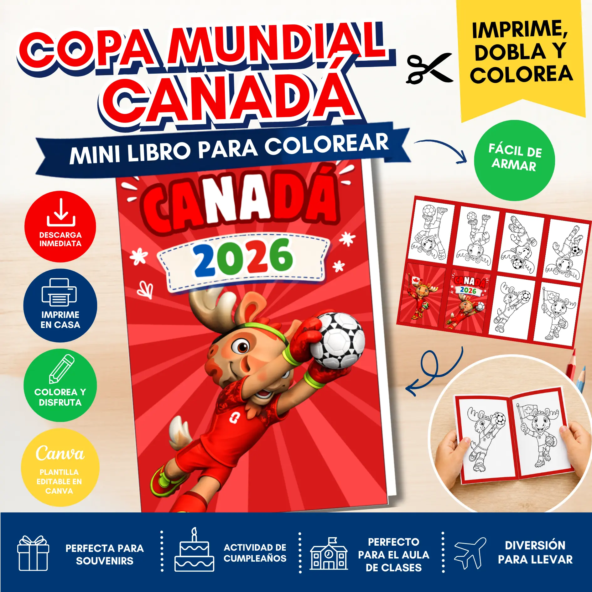 Mini Libro Armable para Colorear Mundial 2026 Canadá | PDF Imprimible + Plantilla Editable Canva