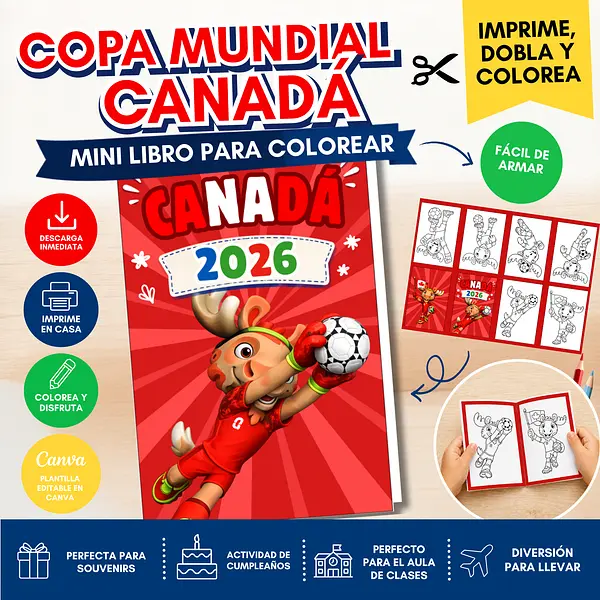 Mini Libro Armable para Colorear Mundial 2026 Canadá | PDF Imprimible + Plantilla Editable Canva
