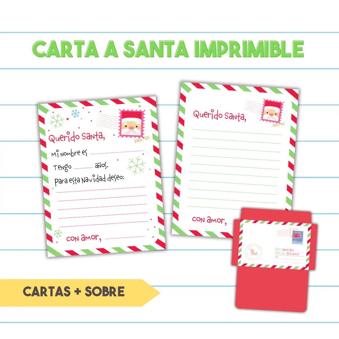 Carta a Santa Imprimible - 2 Diseños de Carta + 2 Diseños de Sobre