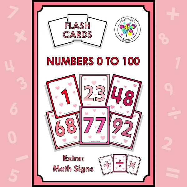Flash Cards Numbers 1 to 100 extra math signs Valentine´s day Color BW
