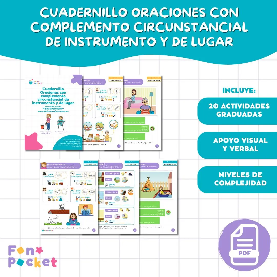 Cuadernillo imprimible para Oraciones con complemento circunstancial de instrumento y de lugar
