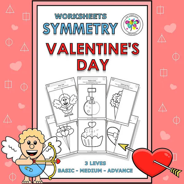 Worksheets Activities Symmetry Valentine's Day BW Color No Prep Tracing