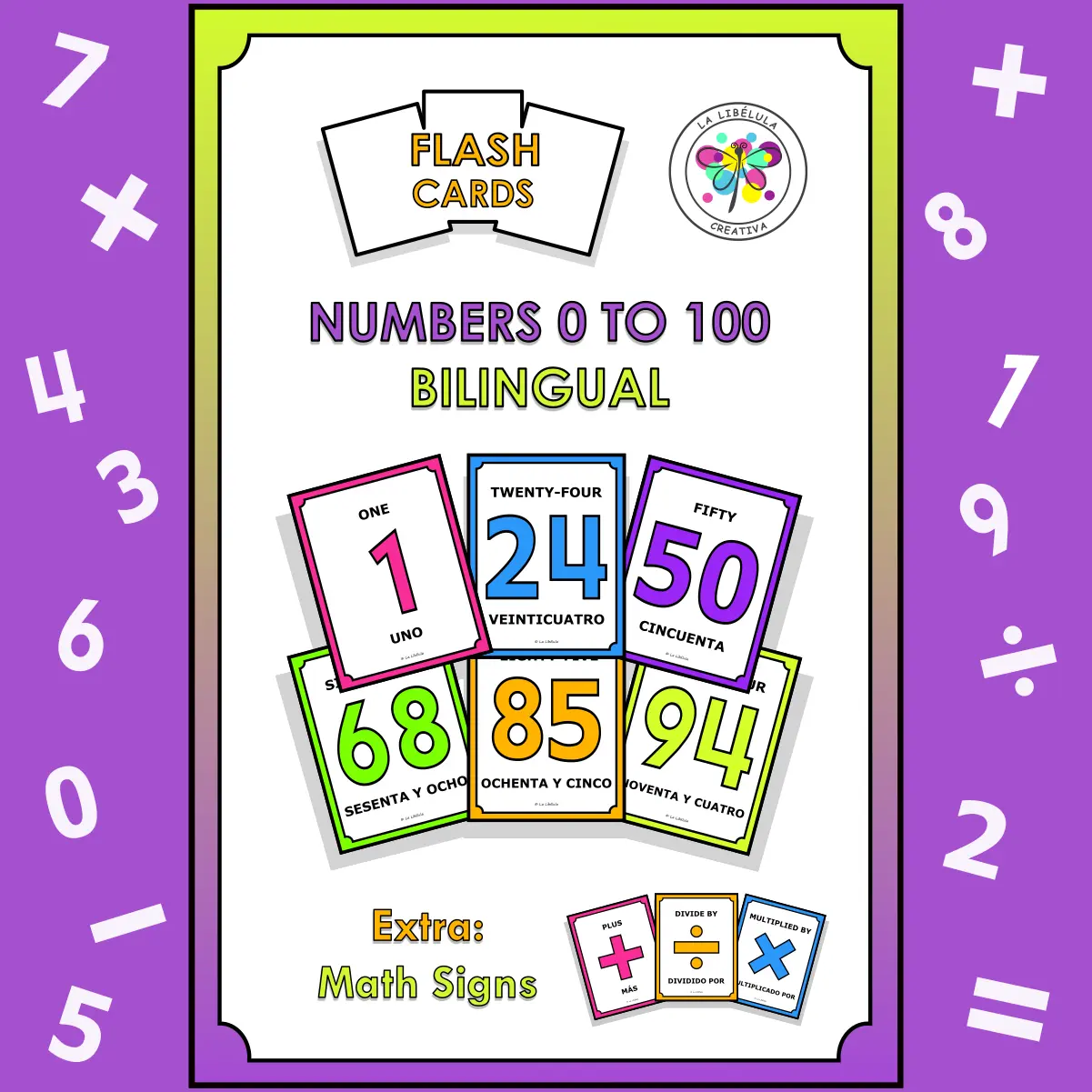 Flash Cards Numbers 1 to 100 English Spanish Signs Math Bilingual Neon Color BW