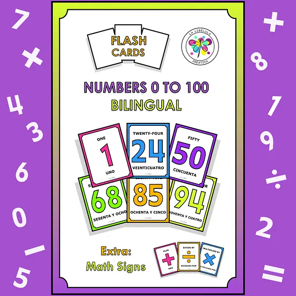 Flash Cards Numbers 1 to 100 English Spanish Signs Math Bilingual Neon Color BW