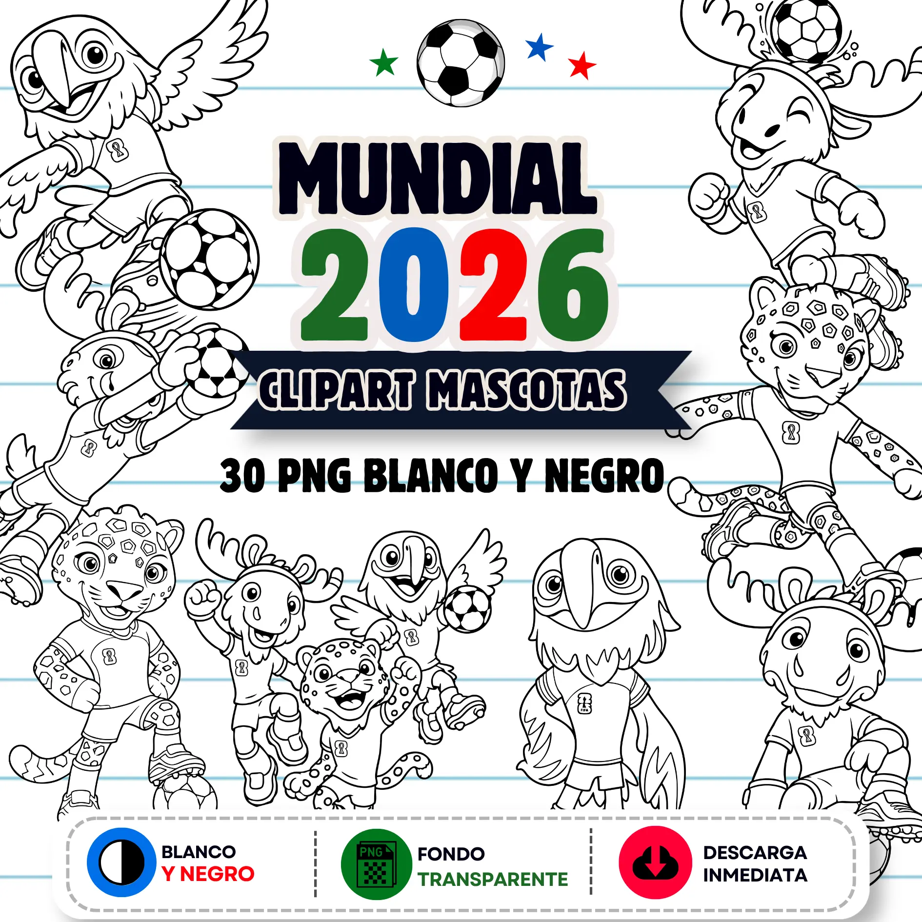 Clipart Mascotas Oficiales Mundial 2026 | PNG Blanco y Negro