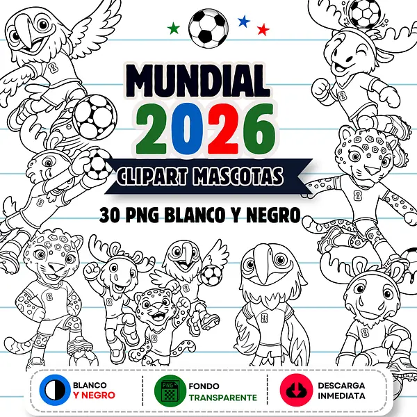 Clipart Mascotas Oficiales Mundial 2026 | PNG Blanco y Negro