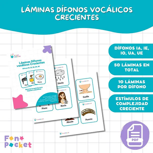 Láminas imprimibles dífonos vocálicos crecientes