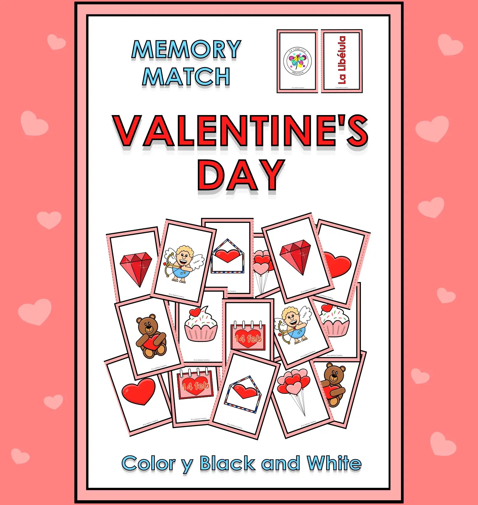 Memory Match Game Valentine's Day Pairs Color BW Cut February Love