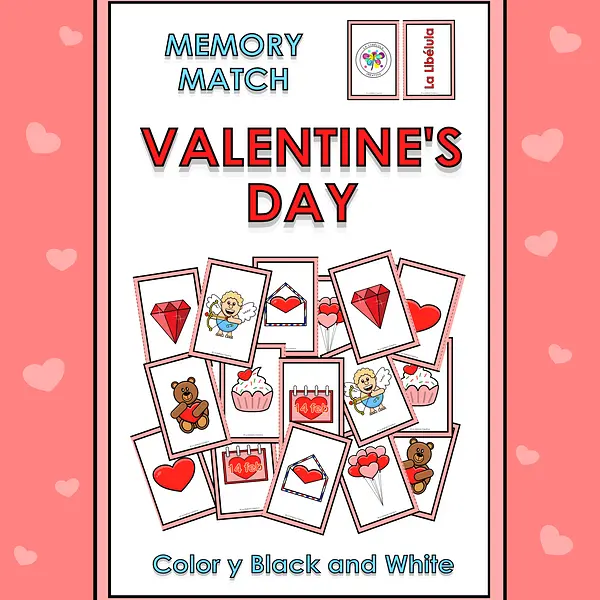 Memory Match Game Valentine's Day Pairs Color BW Cut February Love