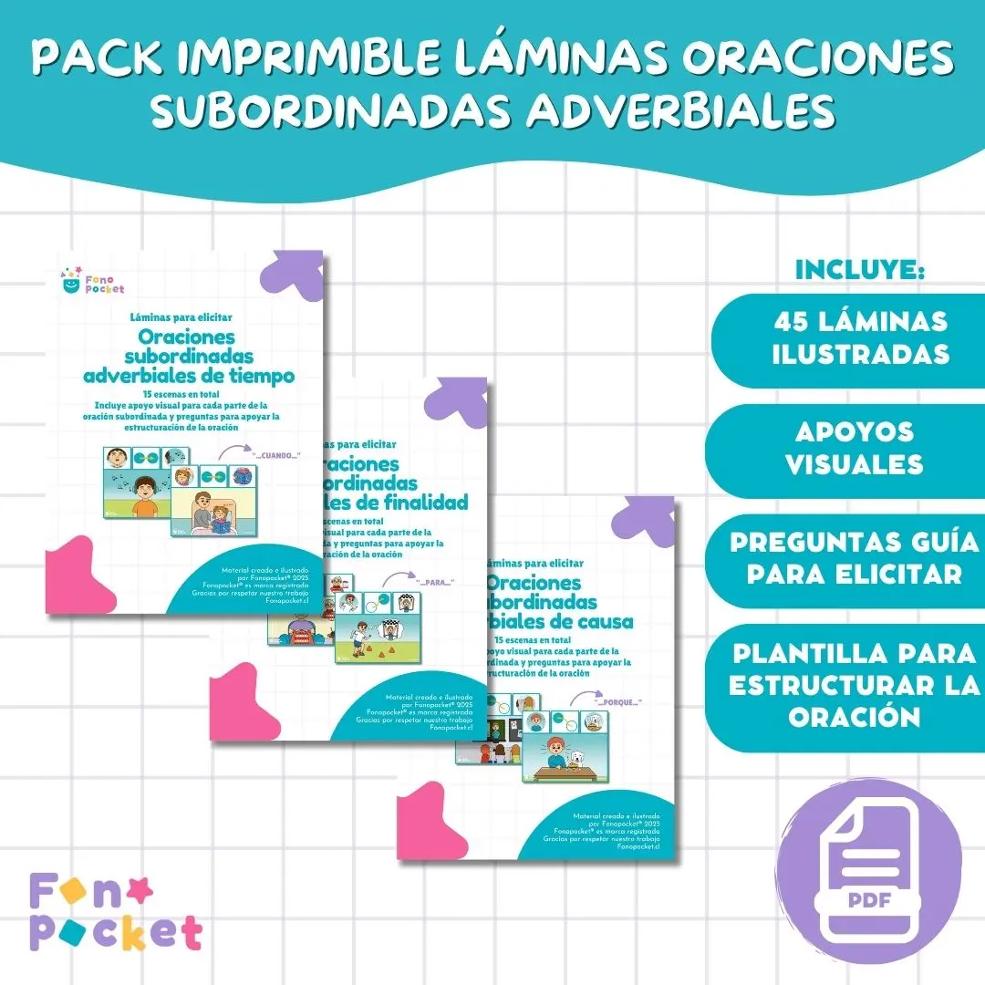 Pack imprimible Láminas para elicitar oraciones subordinadas adverbiales