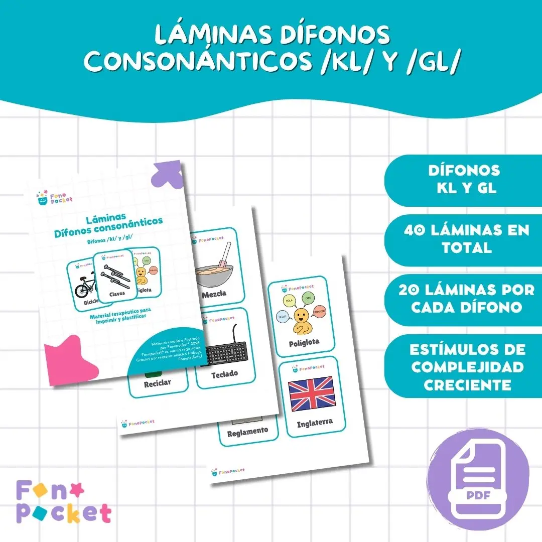 Láminas imprimibles dífonos consonánticos /kl/ y /gl/