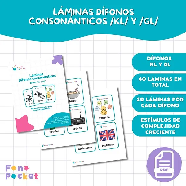 Láminas imprimibles dífonos consonánticos /kl/ y /gl/