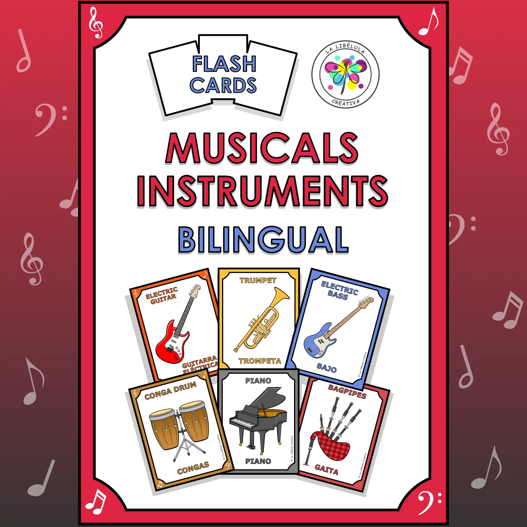 Flash Cards Musical Instrument Bilingual Tarjetas Instrumentos Música English Spanish