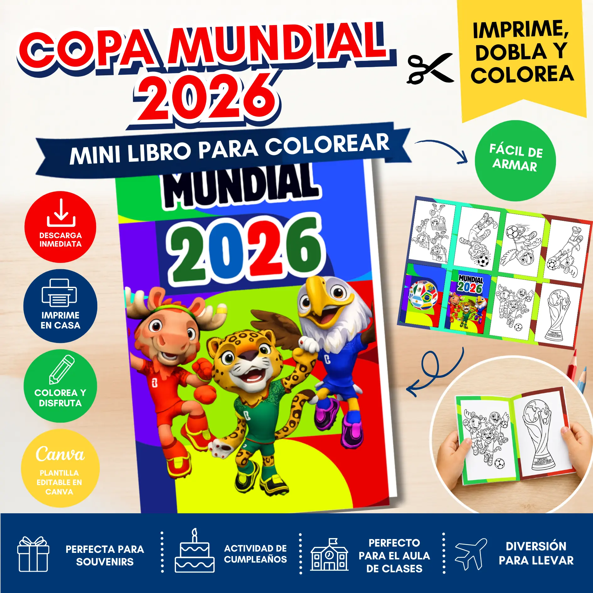 Mini Libro Armable del Mundial 2026 para Colorear | PDF Imprimible + Plantilla Editable Canva