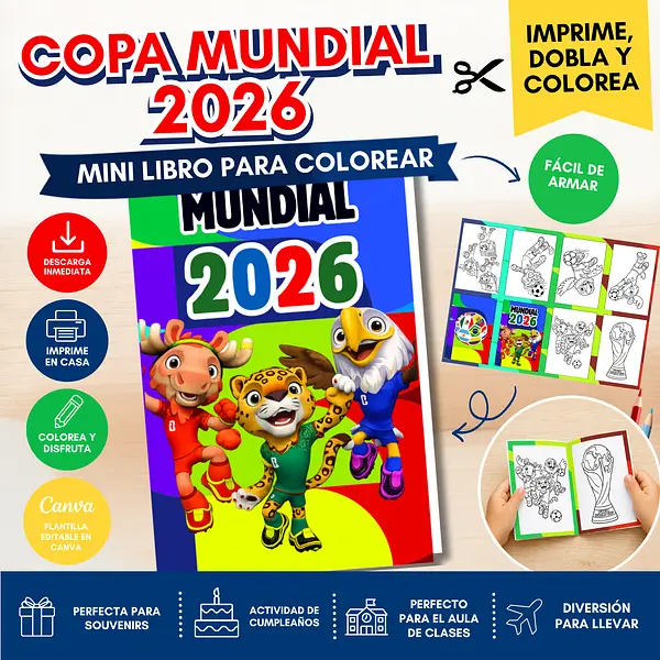 Mini Libro Armable del Mundial 2026 para Colorear | PDF Imprimible + Plantilla Editable Canva