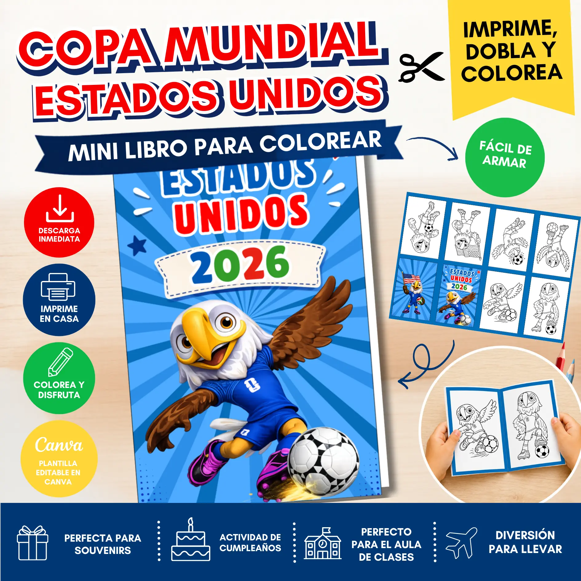 Mini Libro Armable para Colorear Mundial Estados Unidos| PDF Imprimible + Plantilla Editable Canva