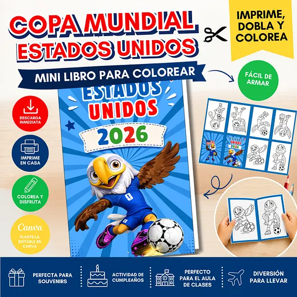 Mini Libro Armable para Colorear Mundial Estados Unidos| PDF Imprimible + Plantilla Editable Canva