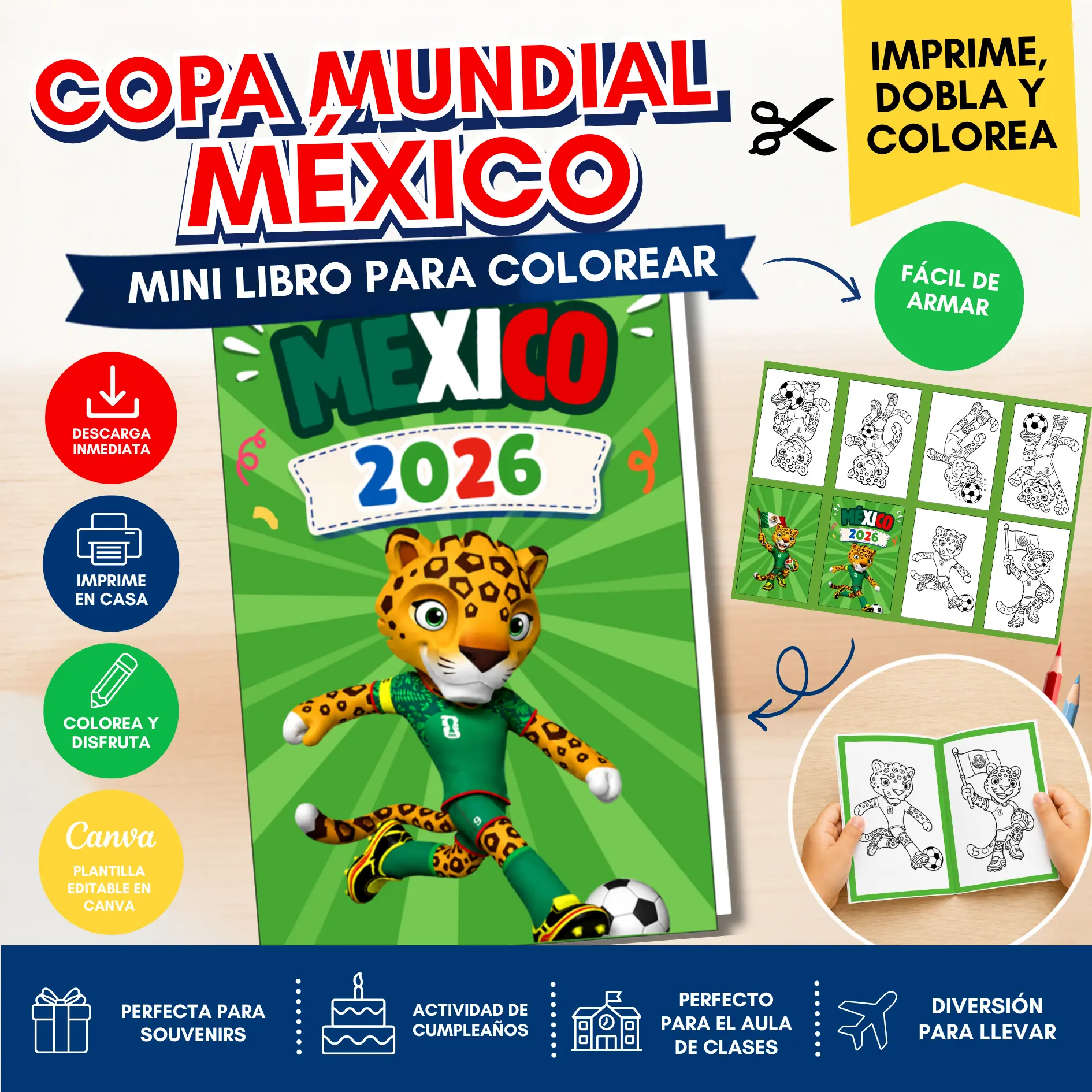 Mini Libro Armable para Colorear Mundial México| PDF Imprimible + Plantilla Editable Canva