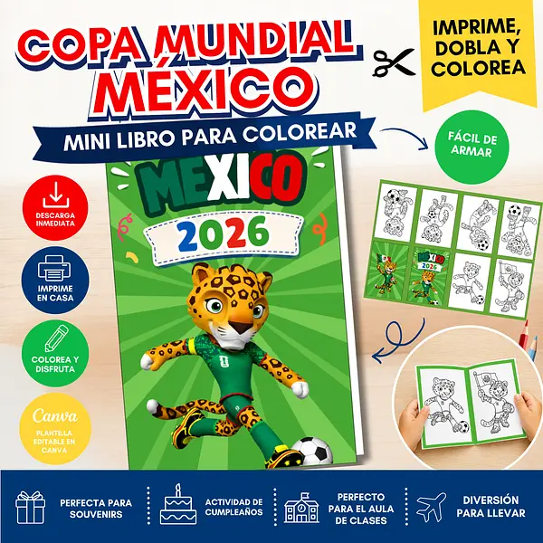 Mini Libro Armable para Colorear Mundial México| PDF Imprimible + Plantilla Editable Canva