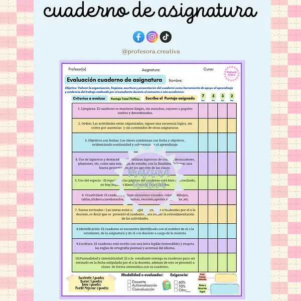 Escala de evaluación/cuaderno de asignatura