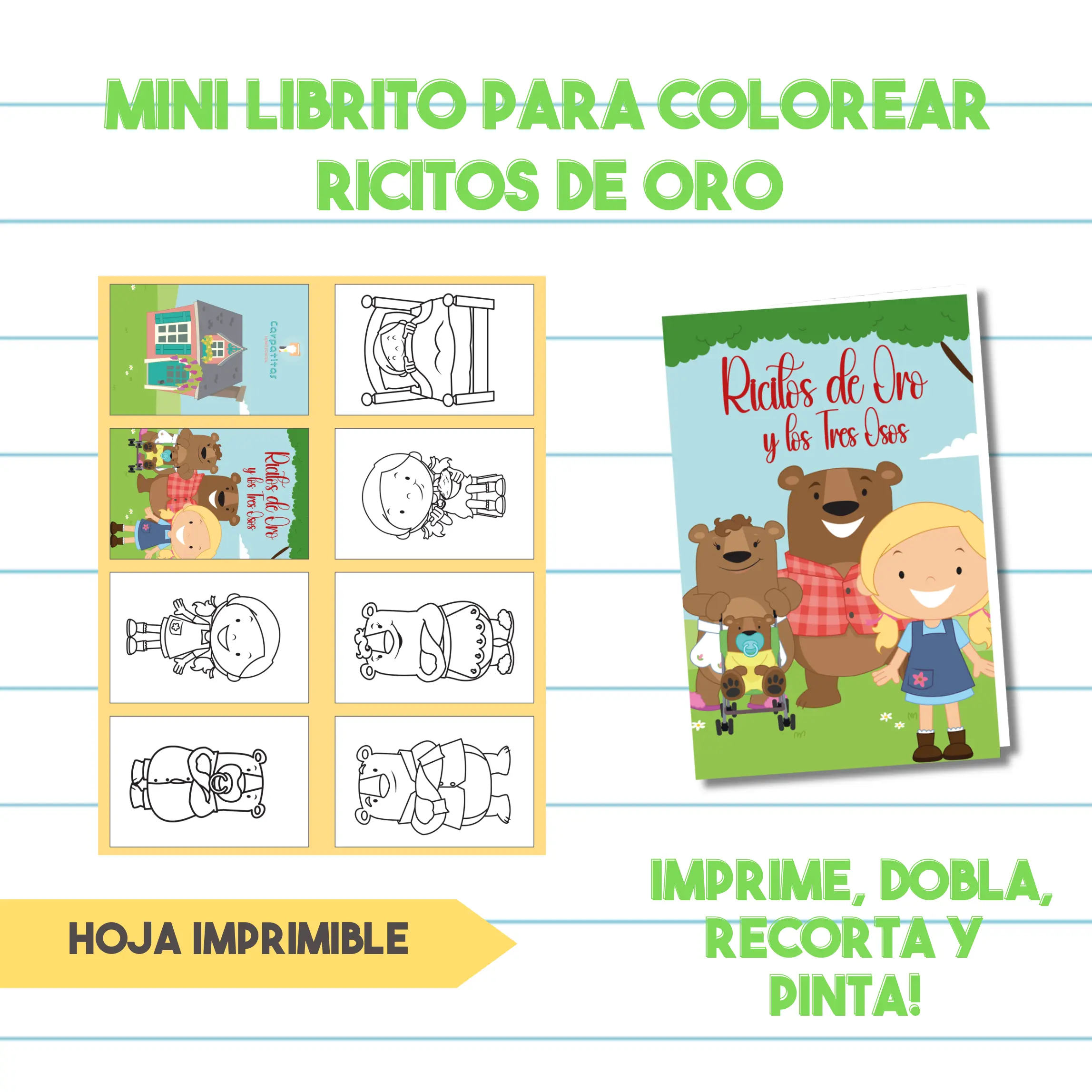 Mini Librito Para Colorear Ricitos de Oro y Los Tres Osos| PDF Imprimible