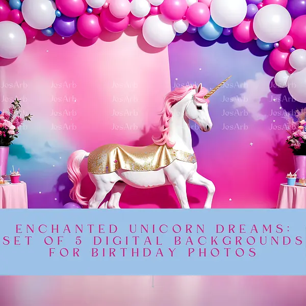 Enchanted Unicorn Dreams: Set of 5 Digital Backgrounds for Birthday Photos