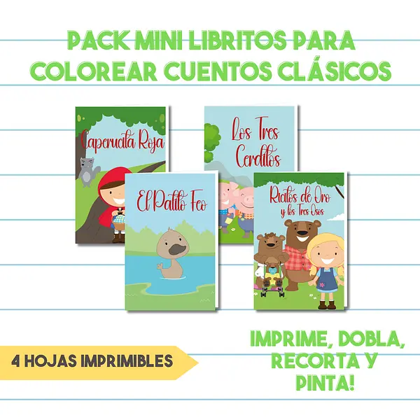 Pack Mini Libritos Para Colorear Cuentos Clásicos| Libros Para Imprimir y Armar