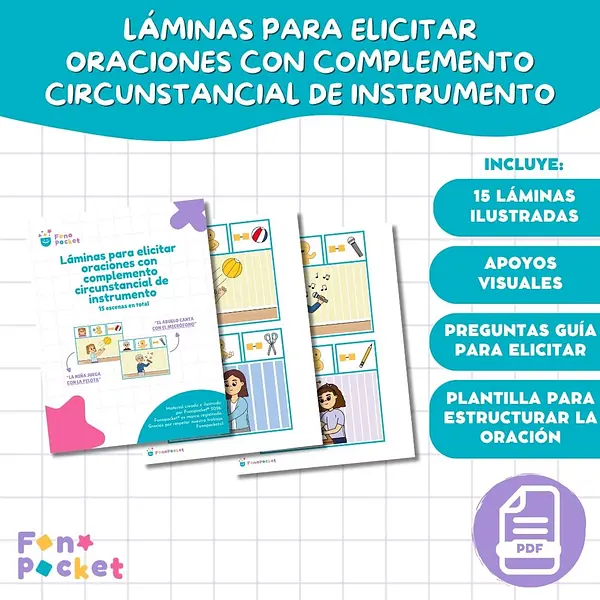 Láminas imprimibles para elicitar oraciones con complemento circunstancial de instrumento