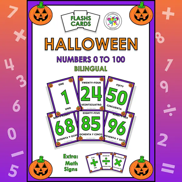 Flash Cards Halloween Bilingual Numbers 0 to 100 Tarjetas Bilingüe English Spanish