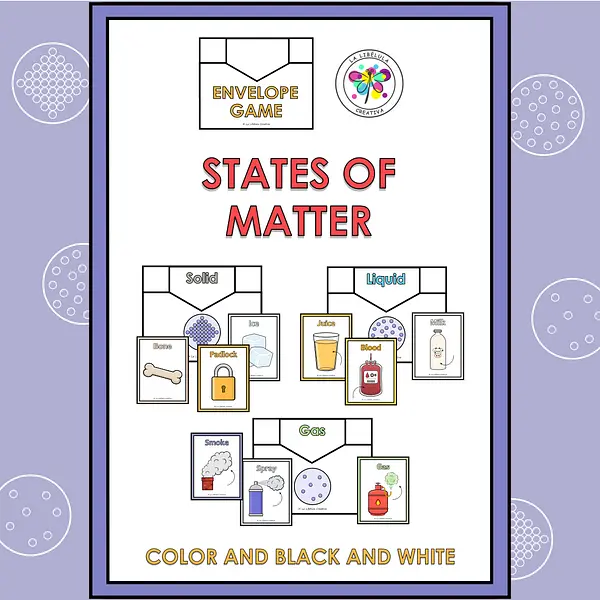 State of Matter Flash Cards Game Science Envelope Color BW Gas Solid Liquid Cut