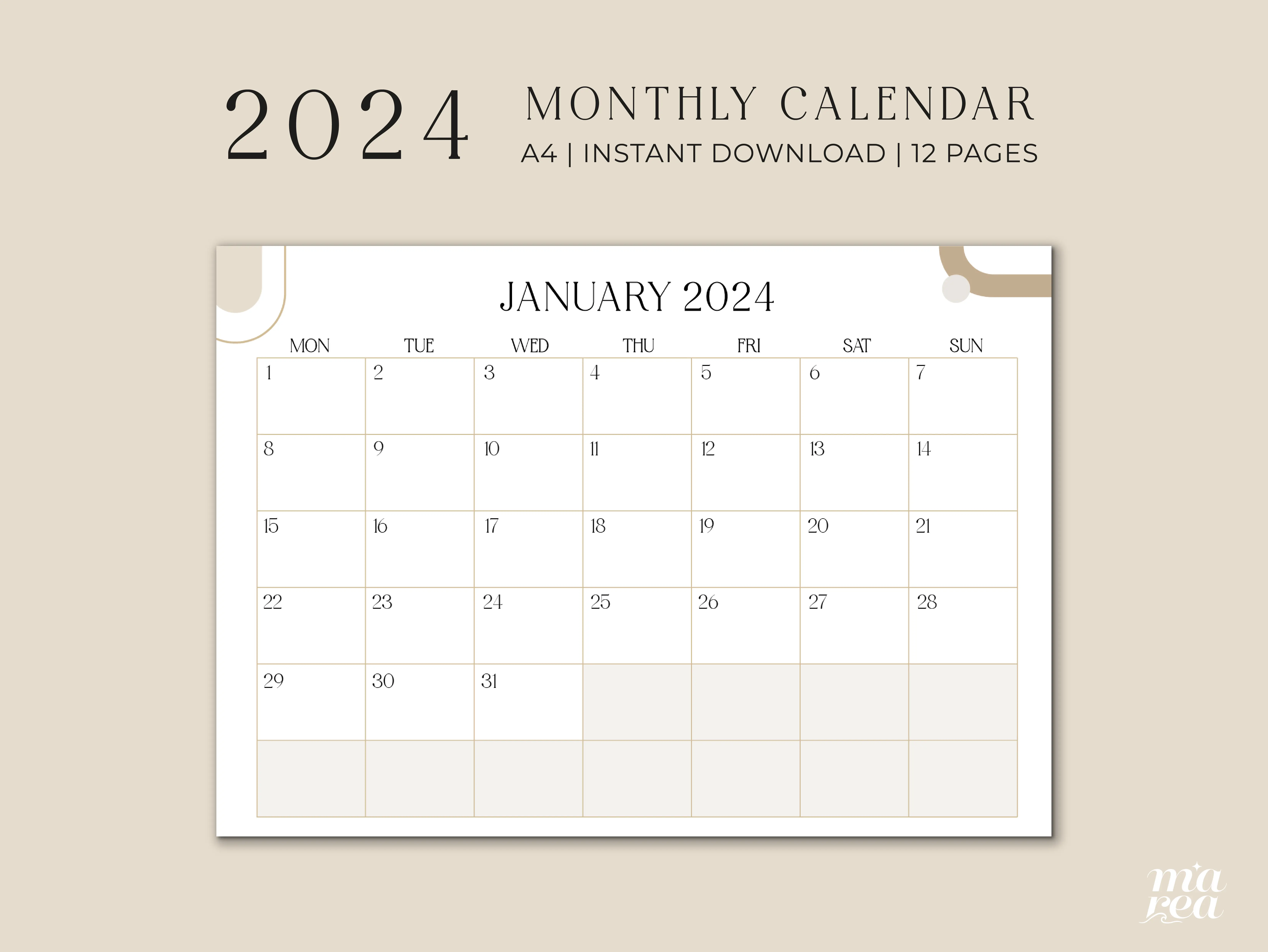 Calendar 2024 | Monthly Planner 2024 Aesthetic | A4 Minimalist | Monday start  1