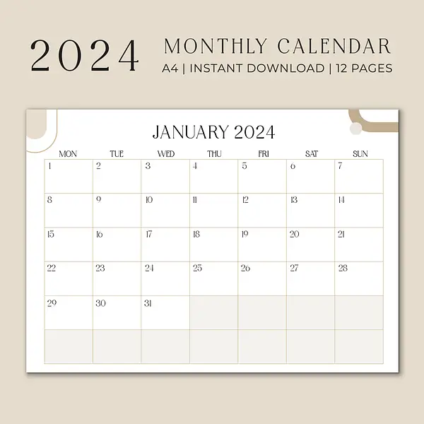 Calendar 2024 | Monthly Planner 2024 Aesthetic | A4 Minimalist | Monday start  1