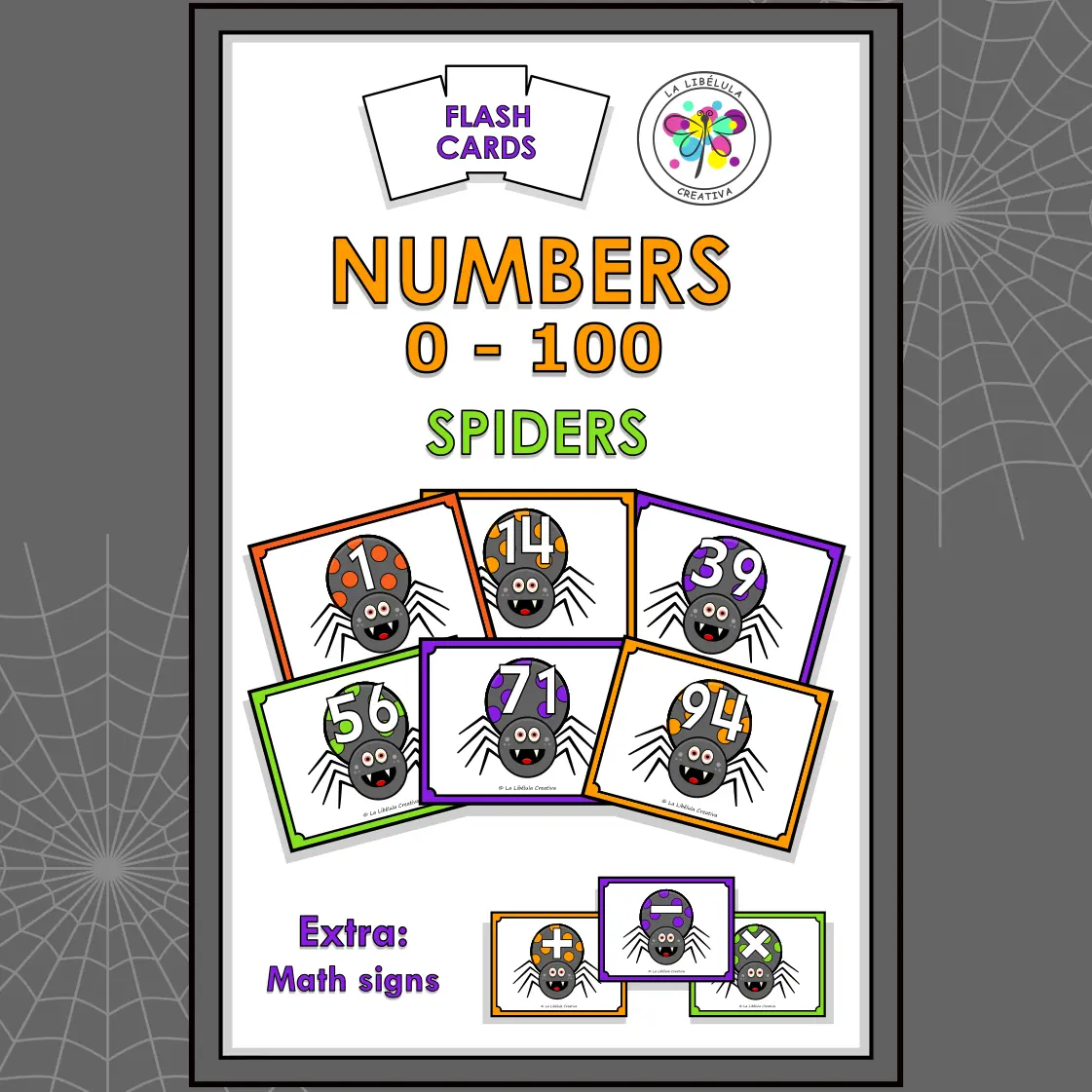 Flash Cards Halloween Spiders Numbers 0 to 100 Count Math Signs Color BW