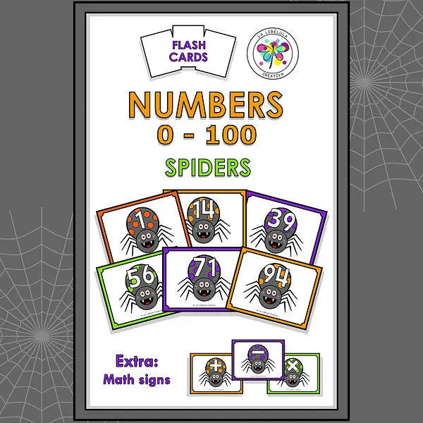 Flash Cards Halloween Spiders Numbers 0 to 100 Count Math Signs Color BW