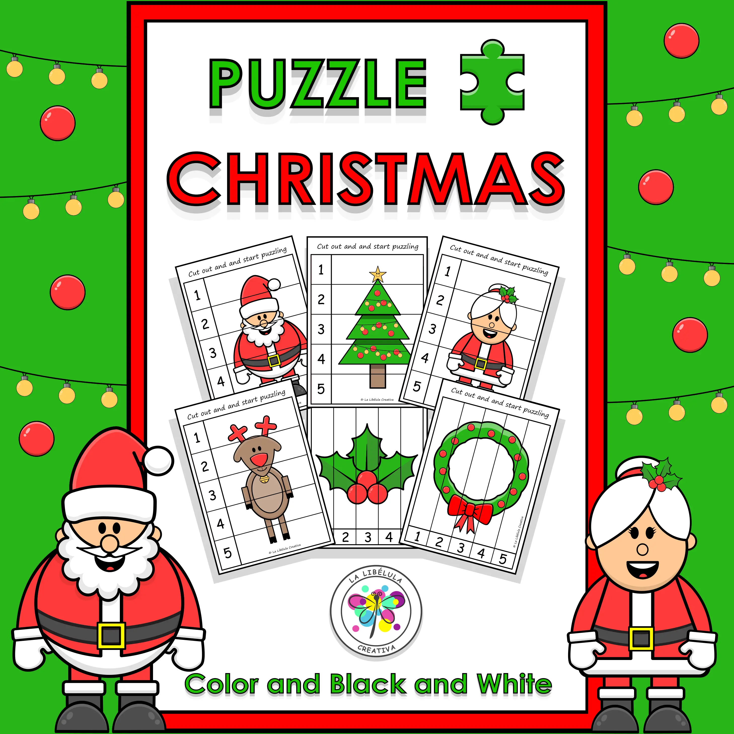 Puzzle Game Christmas Numbers Color BW Santa Claus Cut