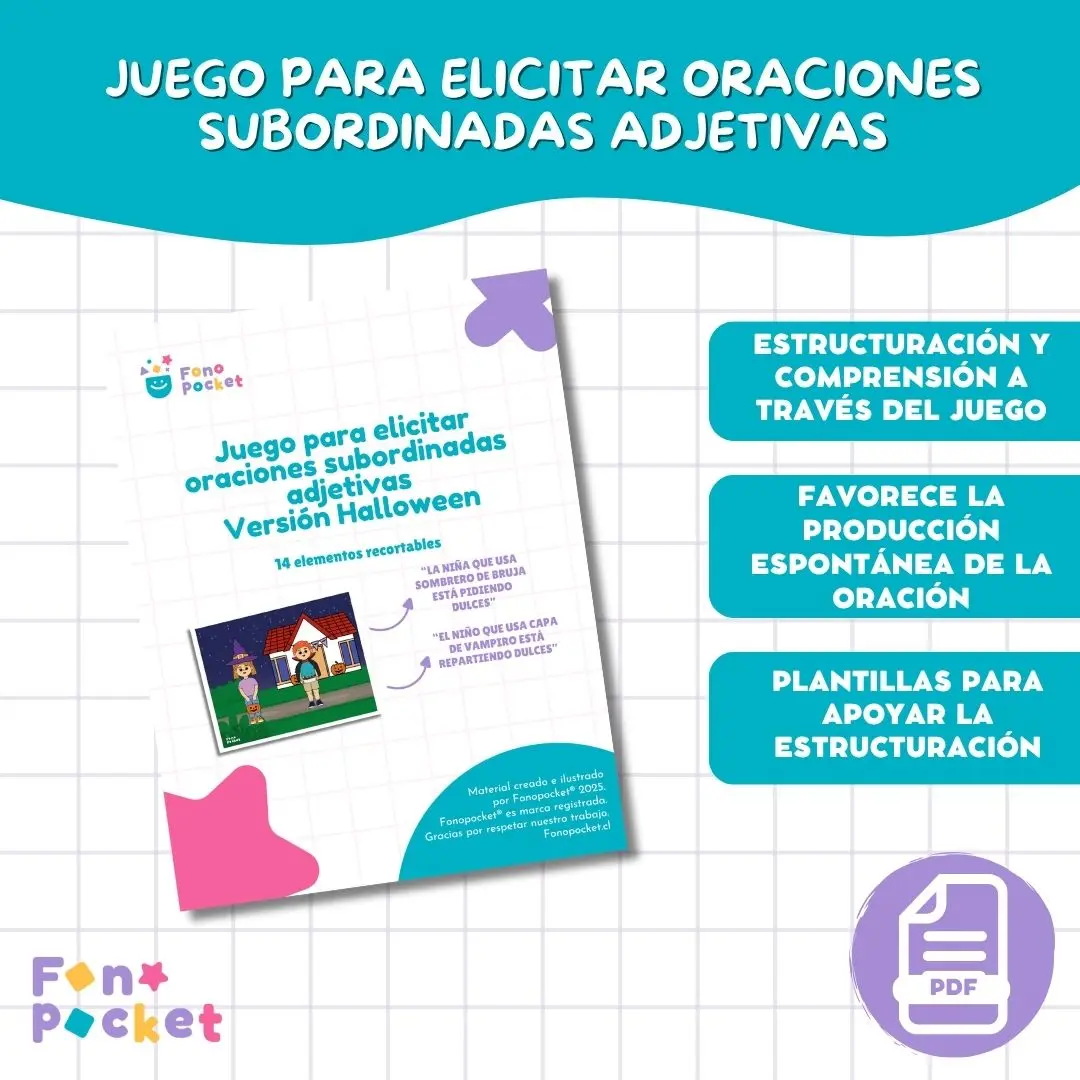 Juego imprimible para trabajar oraciones subordinadas adjetivas Versión Halloween