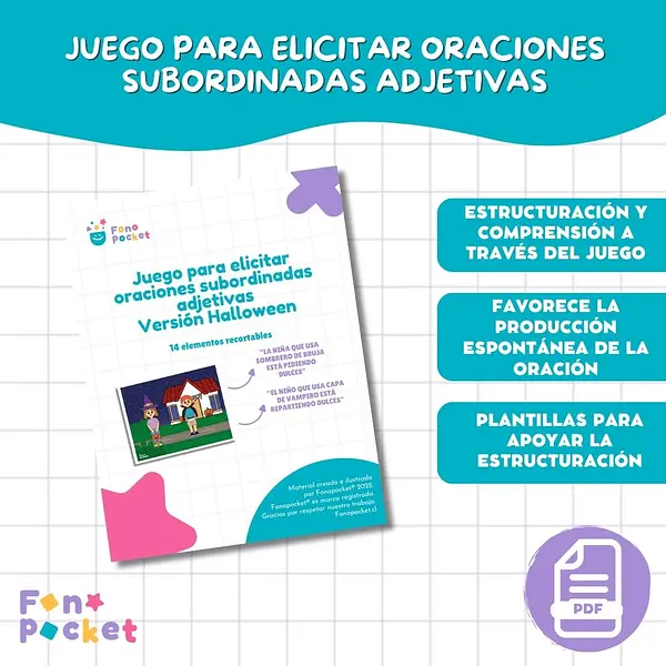 Juego imprimible para trabajar oraciones subordinadas adjetivas Versión Halloween