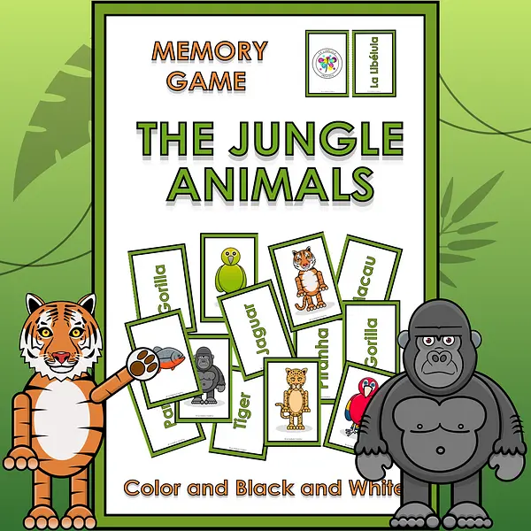 Memory Match Game Jungle Animals Pairs Color BW Vocabulary