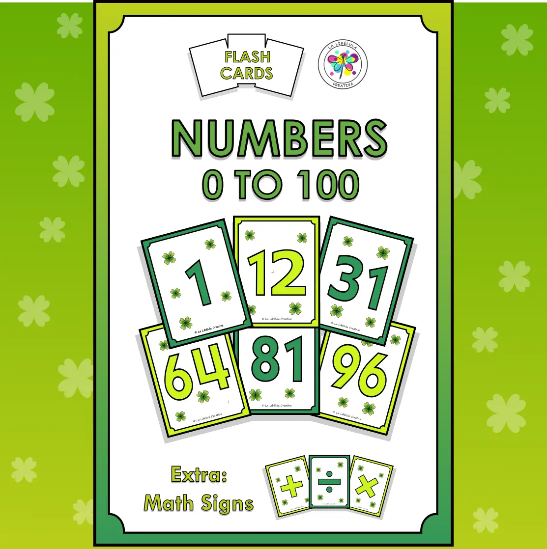 Flash Cards Numbers 0 to 100 St Patrick's extra Math Signs Color Cut BW No Prep