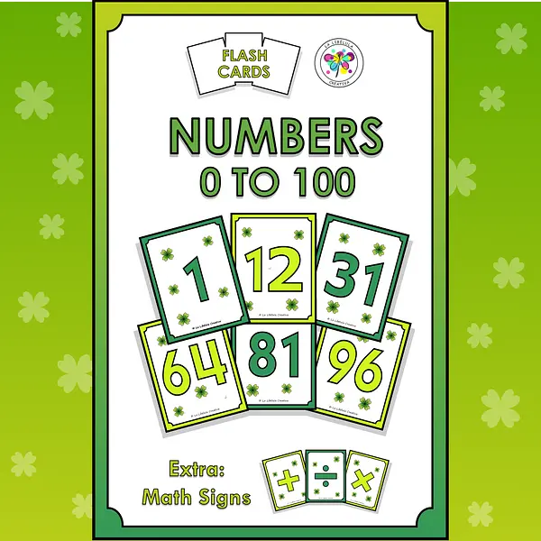 Flash Cards Numbers 0 to 100 St Patrick's extra Math Signs Color Cut BW No Prep