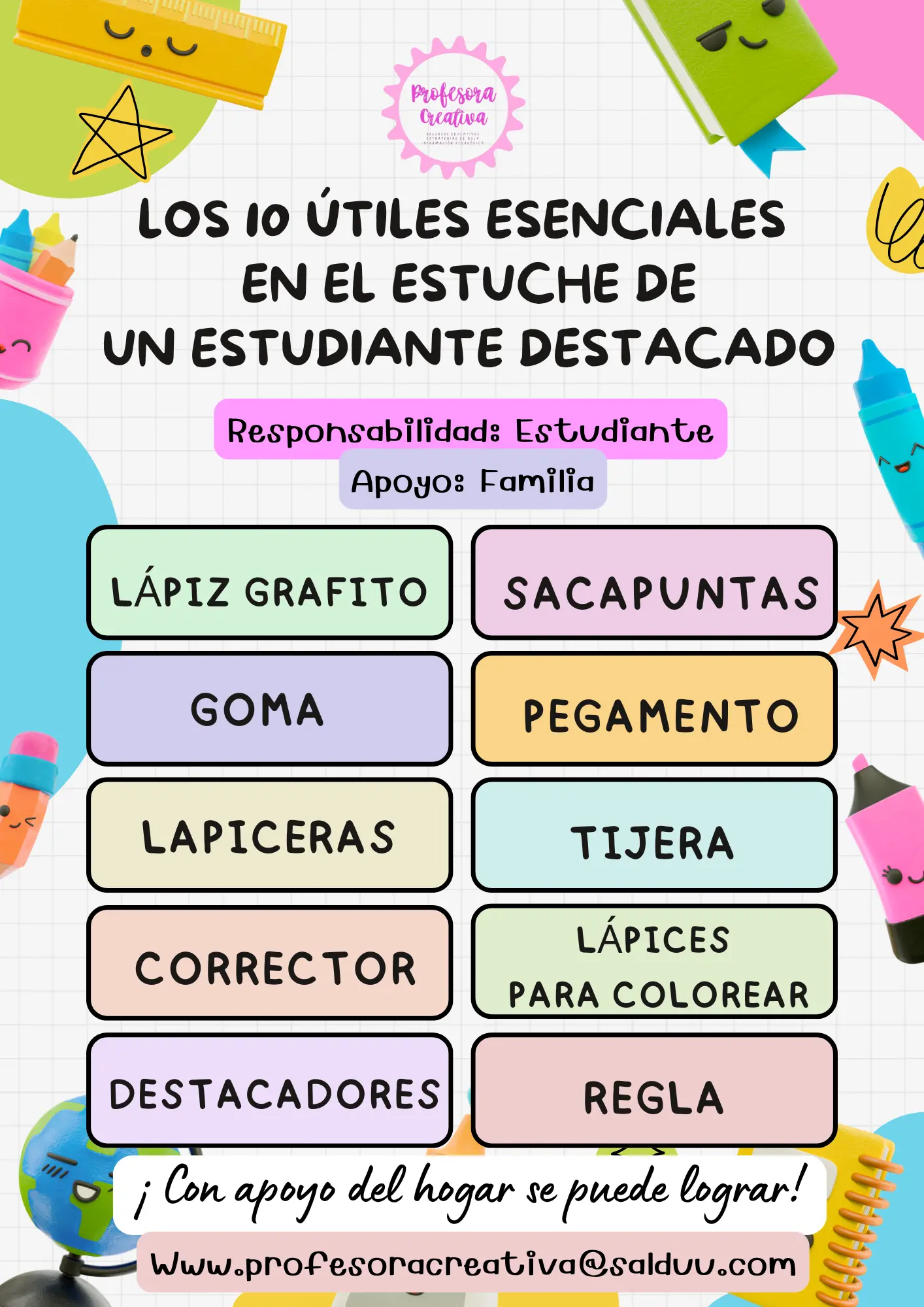 ◇Afiche útiles escolares esenciales en un ESTUCHE