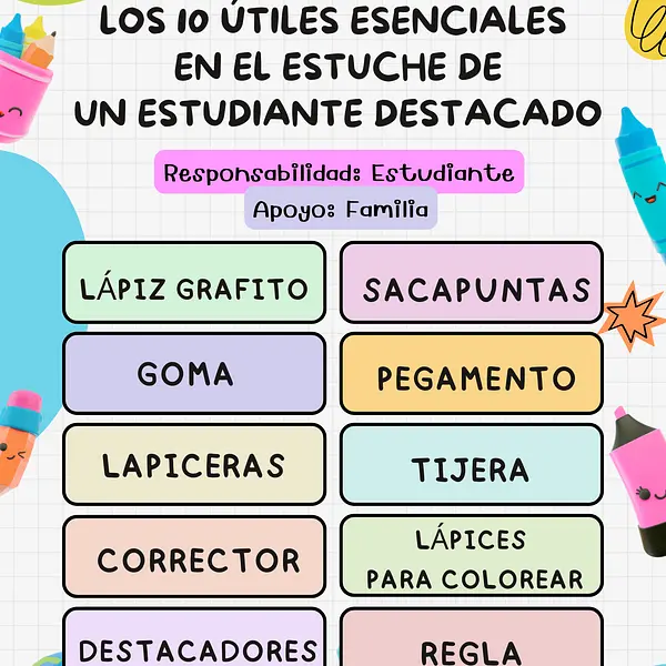 ◇Afiche útiles escolares esenciales en un ESTUCHE