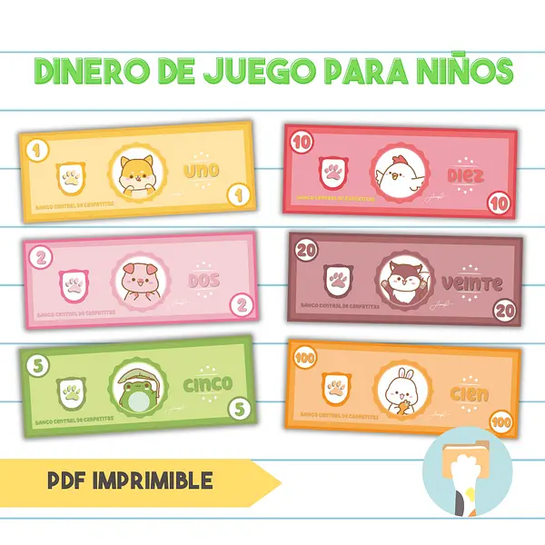 Dinero de Juego Imprimible Para Niños - Billetes en Español de Animales