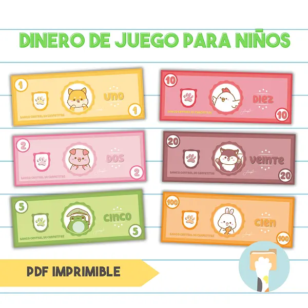 Dinero de Juego Imprimible Para Niños - Billetes en Español de Animales